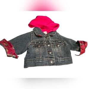 Kids Denim Jacket with Pink Hood and Floral Cuffs. NB